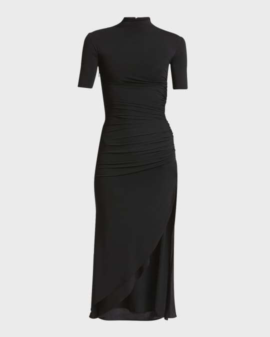 ALAIA Mock-Neck Ruched Short-Sleeve Slit Midi Dress | Neiman Marcus