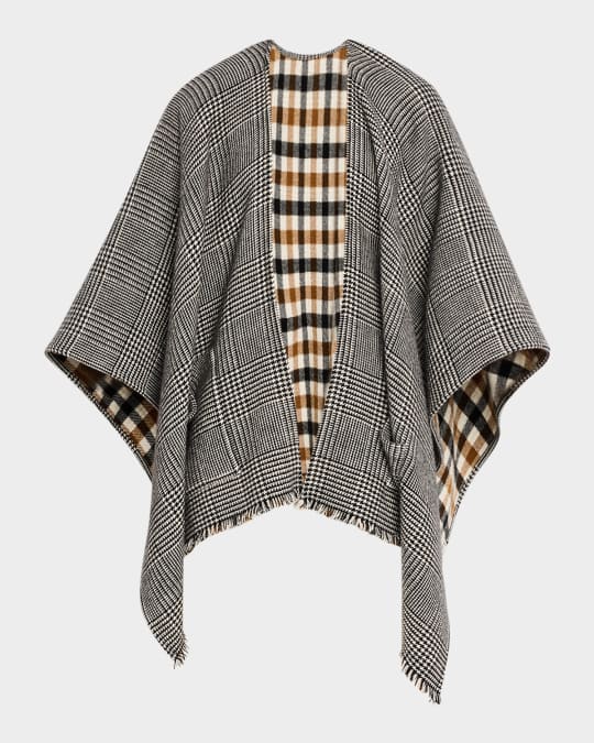 Glen Check Cashmere Cape with Pockets 