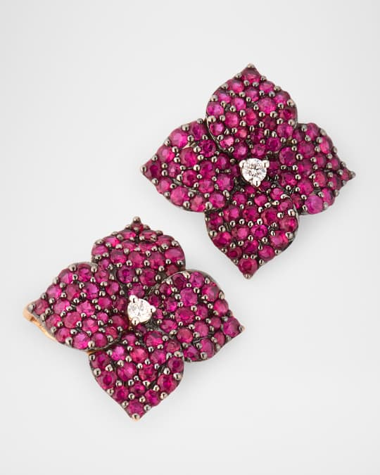 18K Rose Gold Deep Pink Sapphire and Diamond Flower Earrings