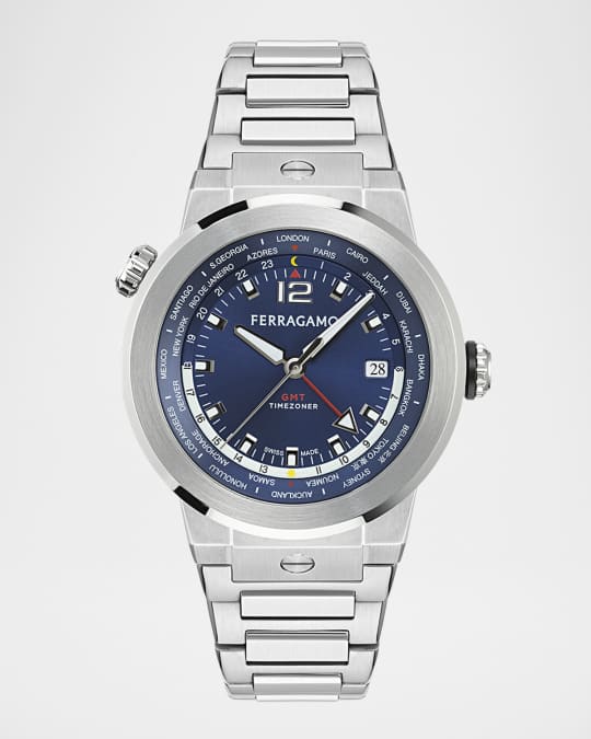 フェラガモSalvatore Ferragamo GMT SFDU Ferragamo F-80 GMT Stainless Steel Bracelet Watch, 43mm | Neiman