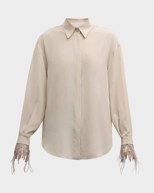 Chandelier Feather-Cuff Crepe De Chine Blouse