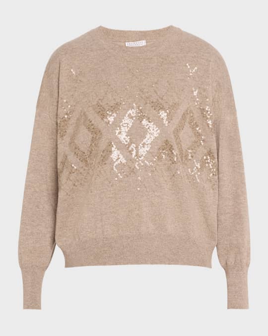 Two-Tone Cashmere Crewneck with Mountain Mosaic Sequins