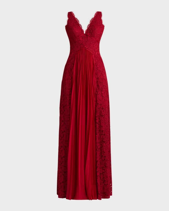 Floral Lace and Pleated Chiffon Gown