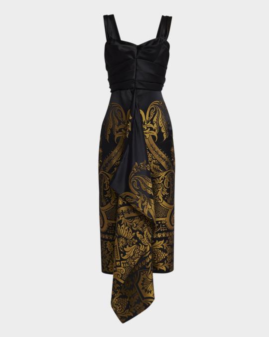 Adria Tie-Back Metallic Jacquard Midi Dress