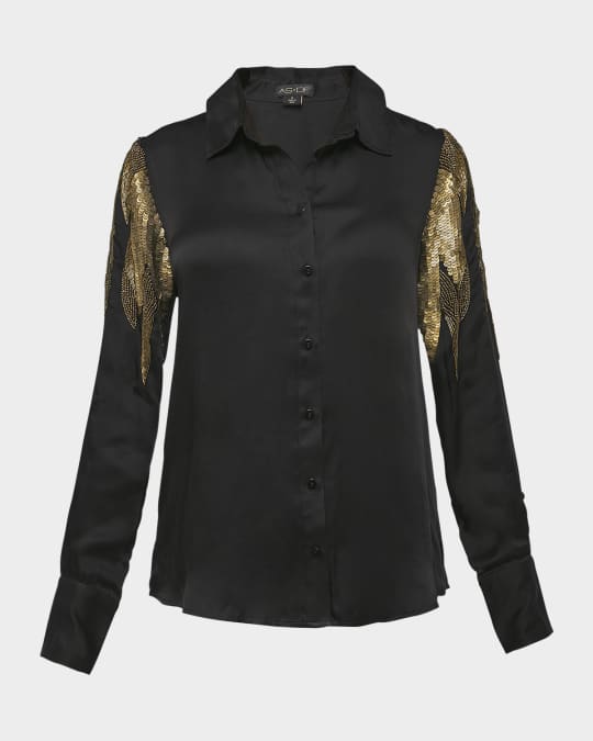 AS by DF Collins Embellished Button-Front Blouse | Neiman Marcus