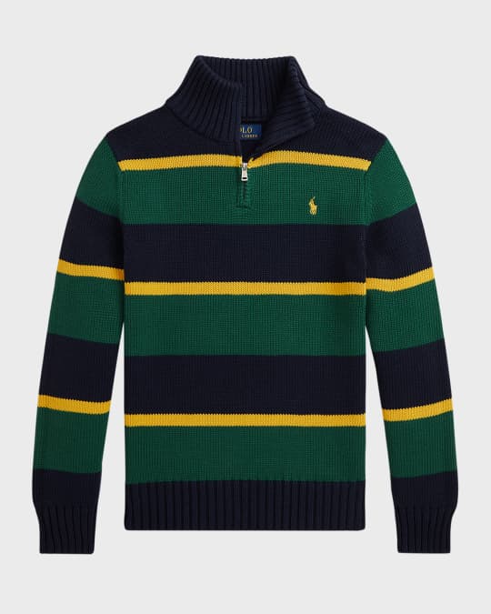 Boy's Striped Pony Embroidered Quarter Zip Sweater, Size S-XL