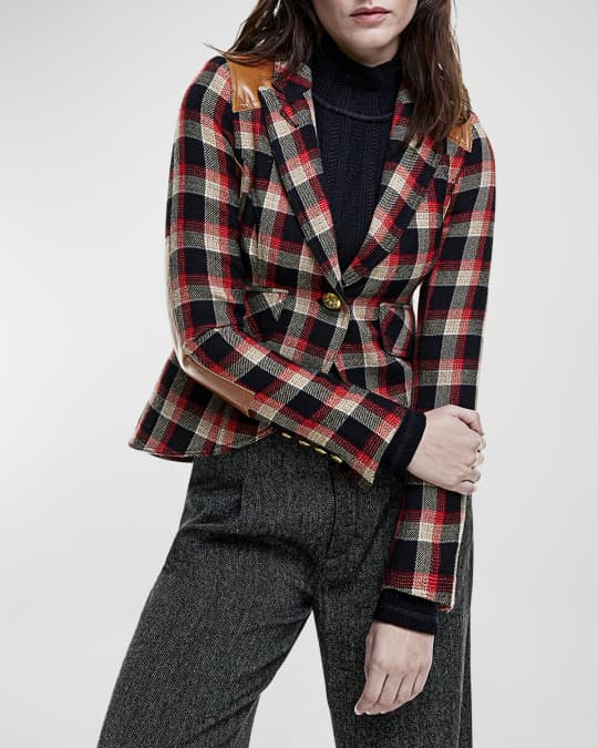 Plaid Check Single-Breasted Wool Blazer 