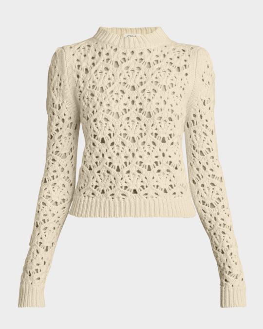 Chloe Funnel Neck Chunky Pointelle Wool Sweater | Neiman Marcus