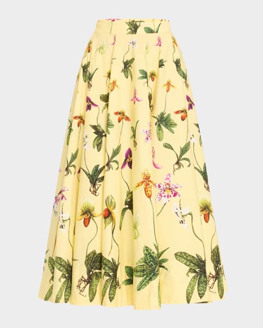 Oscar de la Renta Orchid Poplin Fit-Flare Midi Skirt | Neiman Marcus