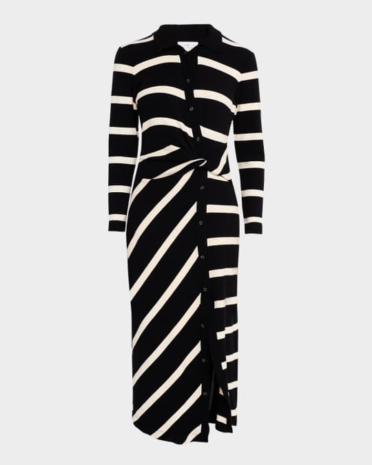Tanya Taylor Ellicot Stripe Asymmetric Buttoned Midi Dress | Neiman Marcus