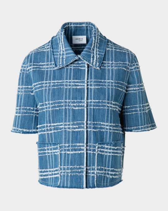 Akris punto Fringed Check Denim Short-Sleeve Shirt Jacket