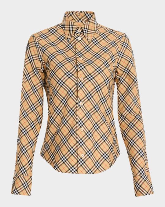 BURBERRY チェックスリッホンスリッハ 8107512 C1506 Burberry Shrunken Check Button-Down Shirt | Neiman Marcus