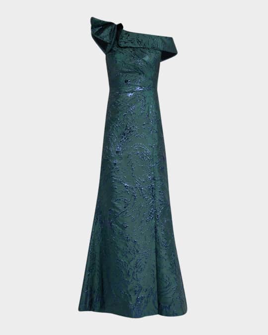 One-Shoulder Ruffle Jacquard Gown