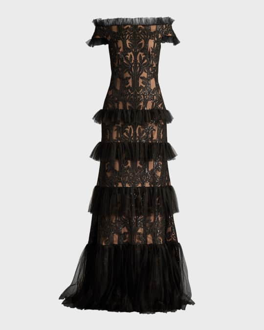Tiered Off-Shoulder Sequin Lace Gown