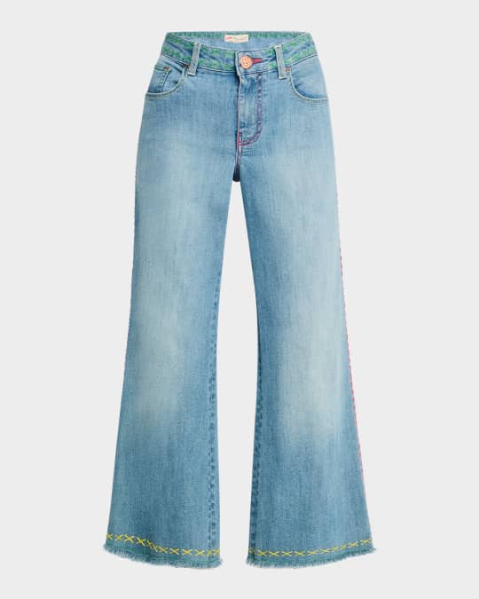 Contrast Stitched Wide-Leg Cropped Jeans