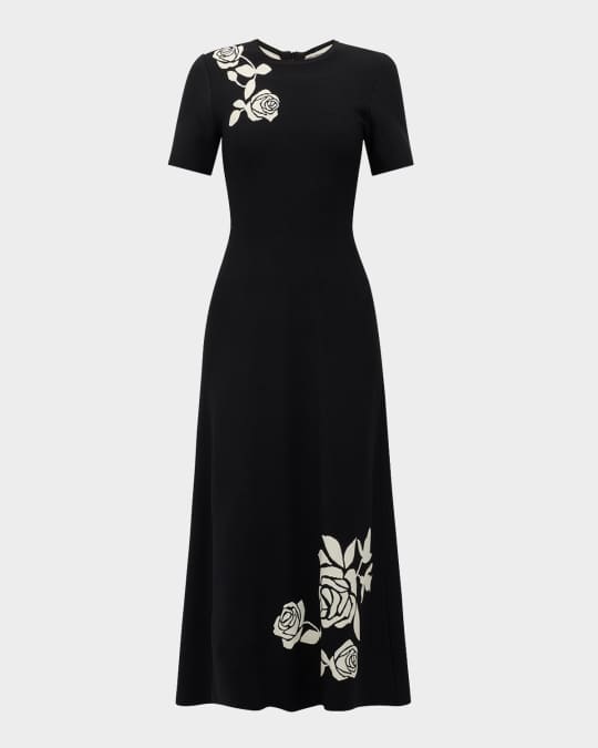 Rose Jacquard Short-Sleeve Midi Dress