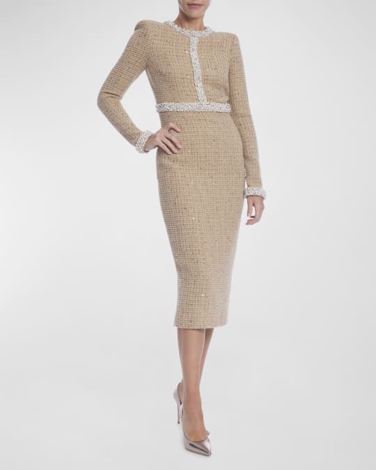 Badgley Mischka Collection Sequin Tweed Midi Dress with Faux Pearls |  Neiman Marcus