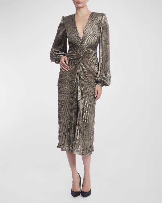 Badgley Mischka Collection Pleated Metallic Blouson-Sleeve Midi Dress |  Neiman Marcus