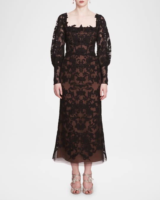 Marchesa Notte Blouson-Sleeve Lace and Applique Maxi Dress | Neiman Marcus