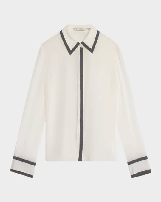 Willa Silk Placket Top with Piping Detail