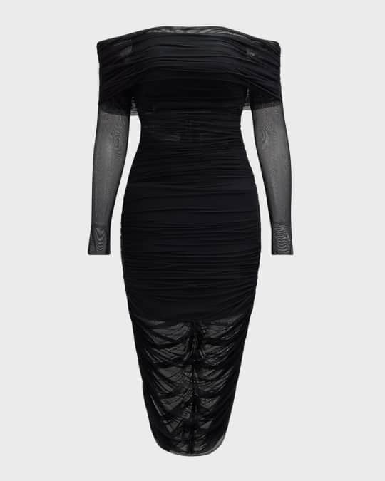 ALICE + OLIVIA Isadola Off-Shoulder Mesh Ruched Midi Dress | Neiman Marcus
