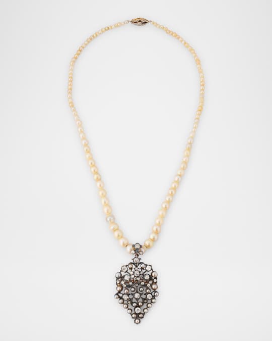 Estate 14K Yellow Gold Natural Pearl Pendant Necklace with Diamonds, 20"