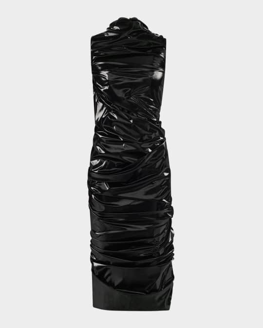 High-Neck Laminated Jersey Wrap Dress