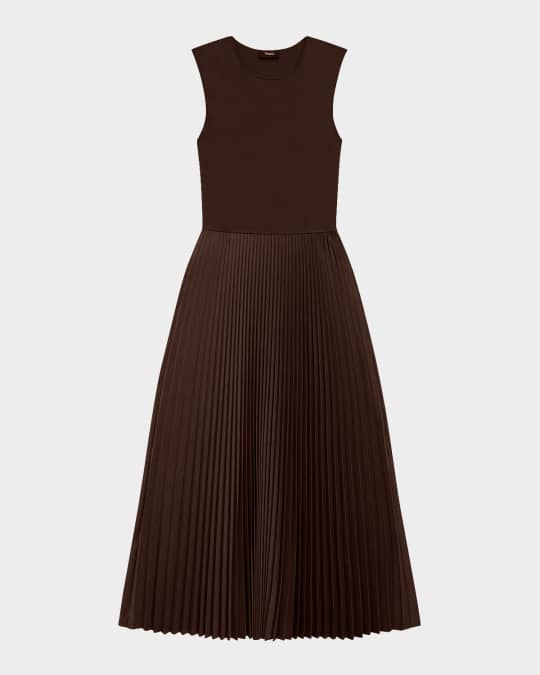 Combo Pleated Wool Suiting Sleeveless Midi Dress