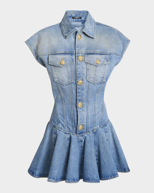 Balmain Short-Sleeve Denim Flare Mini Dress | Neiman Marcus