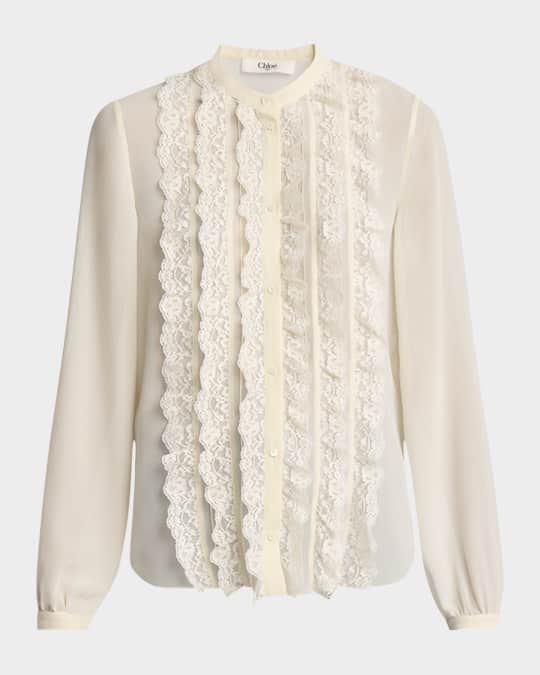 Lace-Ruffle Bib Silk Button-Down Top