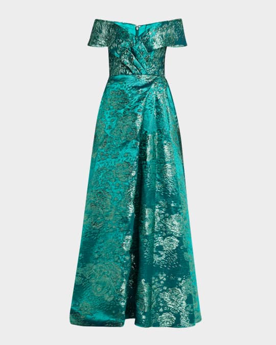 Jovani Pleated Off-Shoulder Jacquard Gown | Neiman Marcus