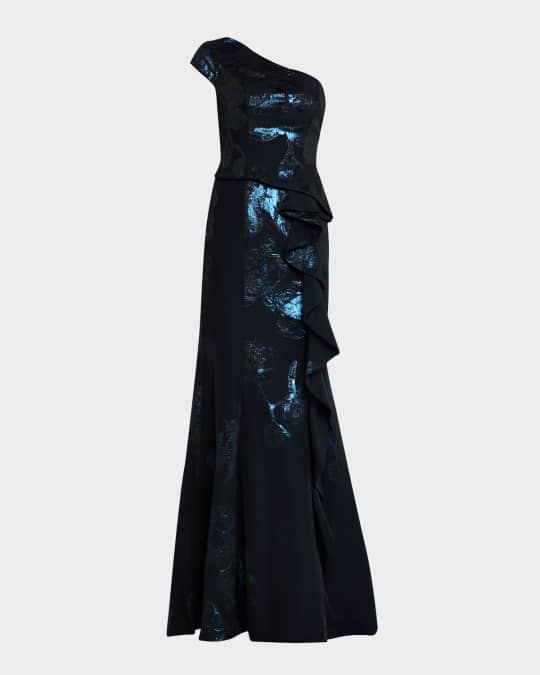 One-Shoulder Ruffle Jacquard Gown