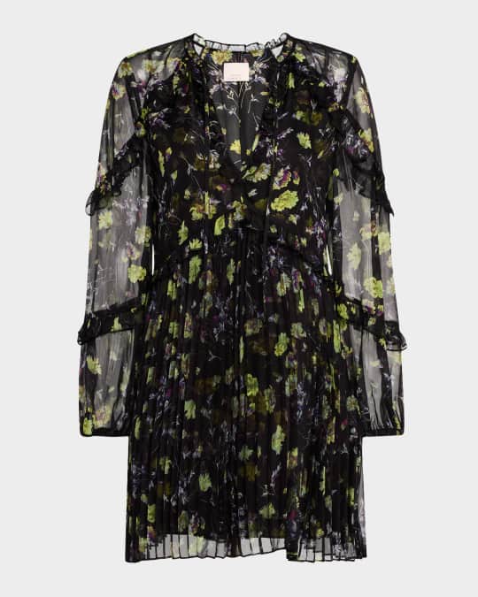 Robin Sheer Floral Long-Sleeve Mini Dress