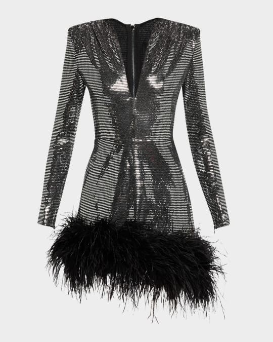 Kyoto Sequin Feather-Trim Mini Dress