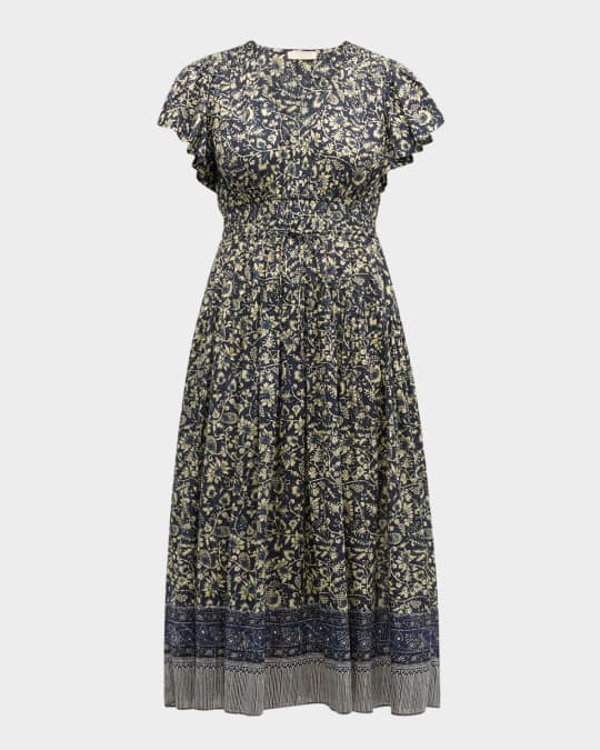 Lyria Flutter-Sleeve Floral Midi Dress