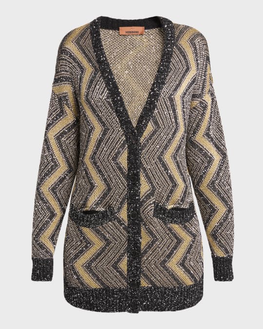 Paillette Chevron V-Neck Maxi Cardigan