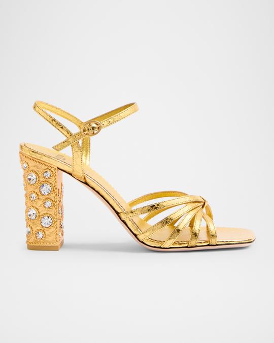 VALENTINO フラワーデザイン ゴールドミュール Valentino Garavani Metallic Jewel Ankle-Strap Sandals | Neiman Marcus