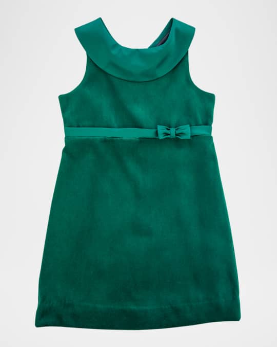 Girl's Velvet Dress Satin Trim Dress W/ Bow, Size 7-14