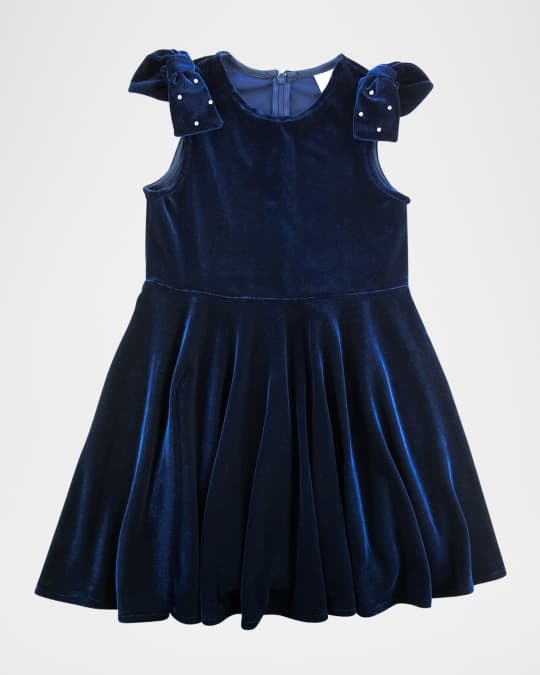 Girl's Velvet Dress W/ Bow Pearls, Size 4T-14