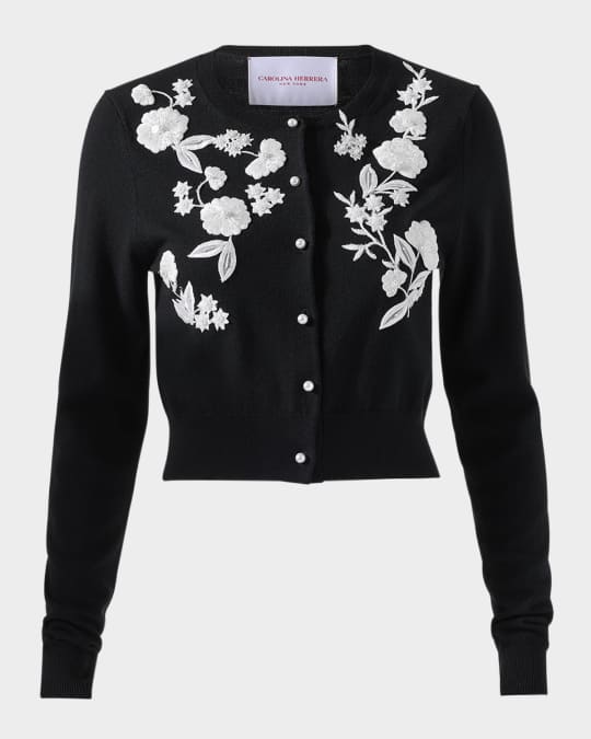 Floral Embroidered Crewneck Cardigan With Pearly Buttons