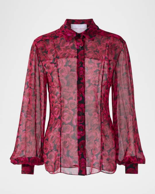 Rose-Print Classic Button-Down Blouse