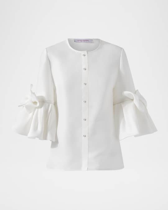 Pearly Button Bow Ruffle-Sleeve Silk Top