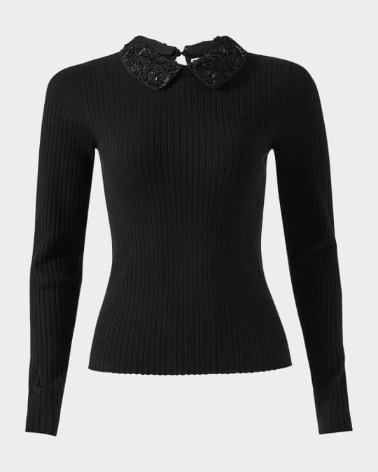 Removable Lace Collar Long-Sleeve Rib Sweater