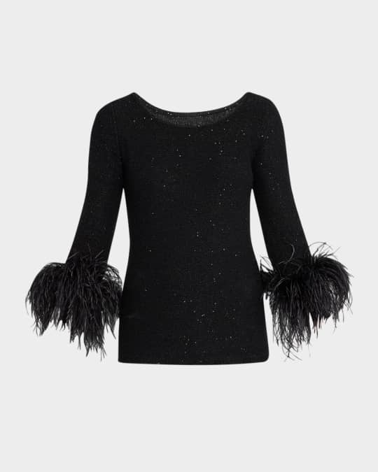Cashmere Feather-Trim Sequin Knit Top