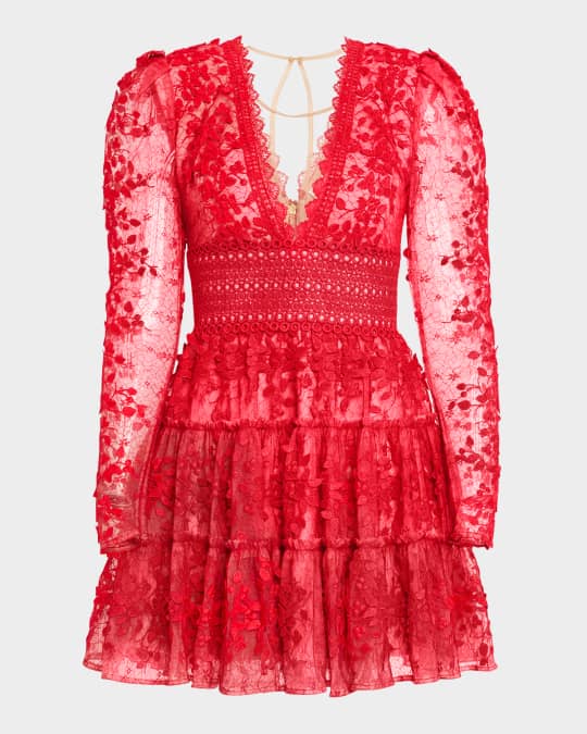 Bronx and Banco Megan Tiered Floral Applique Lace Mini Dress | Neiman Marcus