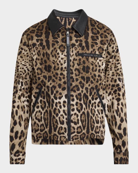 Dolce&Gabbana Men's Leopard-Print Leather-Trim Full-Zip Jacket