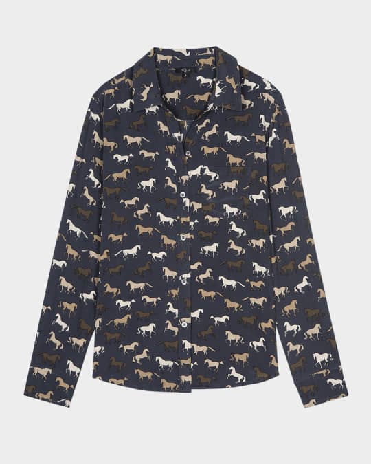 Kate Horses Button-Front Silk Shirt 