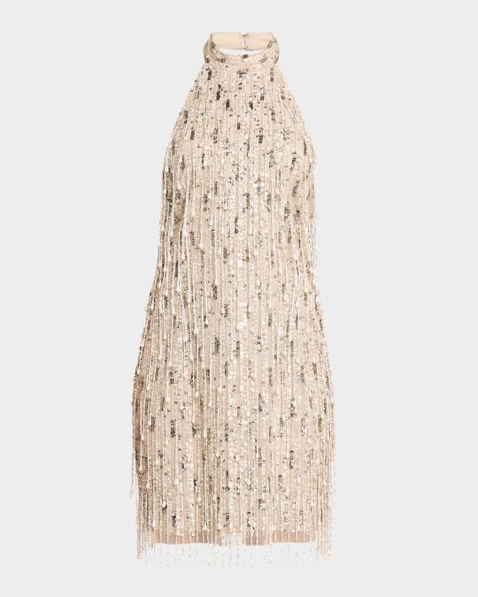 liv foster beaded fringe dress Bead & Sequin Fringe Halter Mini Dress