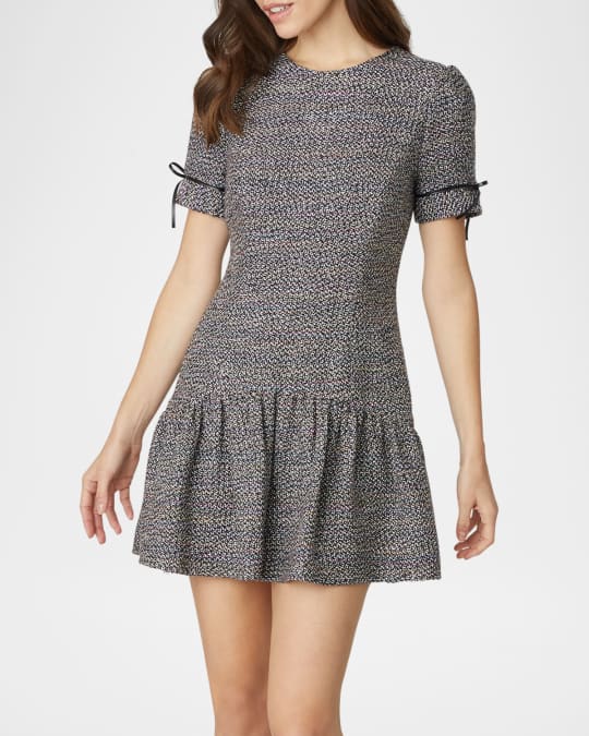 Shoshanna Ivey Leather-Trim Flounce Tweed Mini Dress | Neiman Marcus