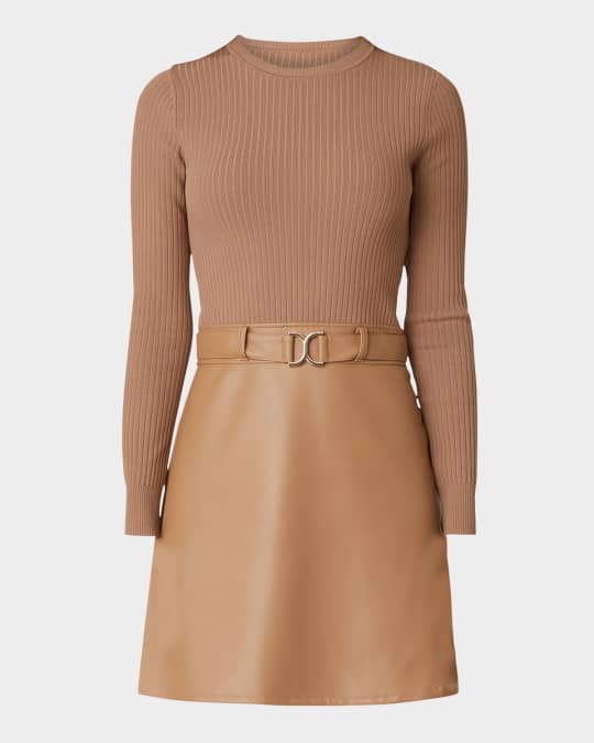 Shoshanna Brayden Ribbed Knit & Faux Leather Mini Dress | Neiman Marcus
